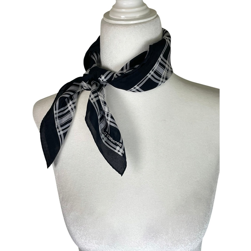Liz Claiborne Black White Plaid Square Scarf 21x21 Neck Bandana Preppy Chic